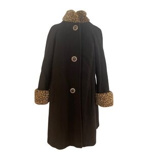 VTG 60s Russell Scott Black Heavy Swing Coat Leopard Faux Fur Womens L/XL Read